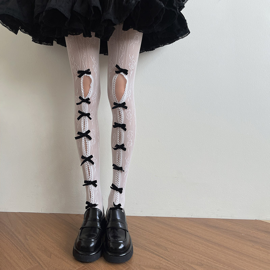 Lace flocked bow stockings PA20086