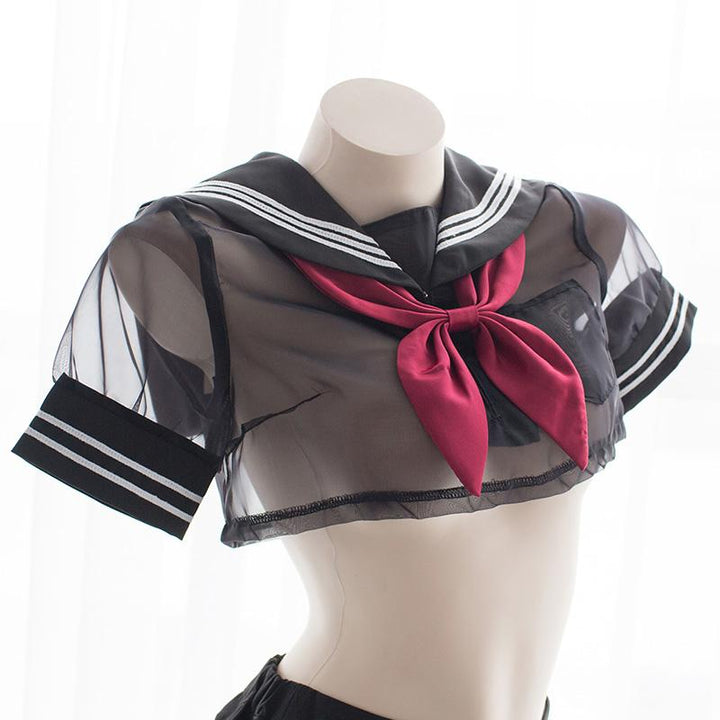 BLACK TRANSPARENT SHEER SHORT SCHOOL UNIFORM PL53592