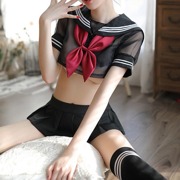 BLACK TRANSPARENT SHEER SHORT SCHOOL UNIFORM PL53592
