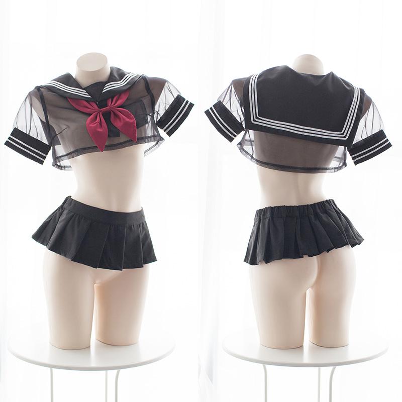BLACK TRANSPARENT SHEER SHORT SCHOOL UNIFORM PL53592