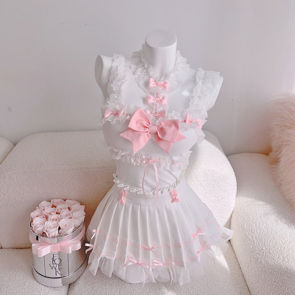 Pink and white lace princess top with bow pleated skirt PA20002