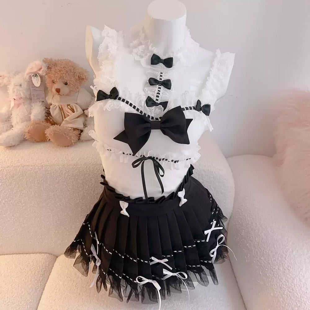 Pink and white lace princess top with bow pleated skirt PA20002