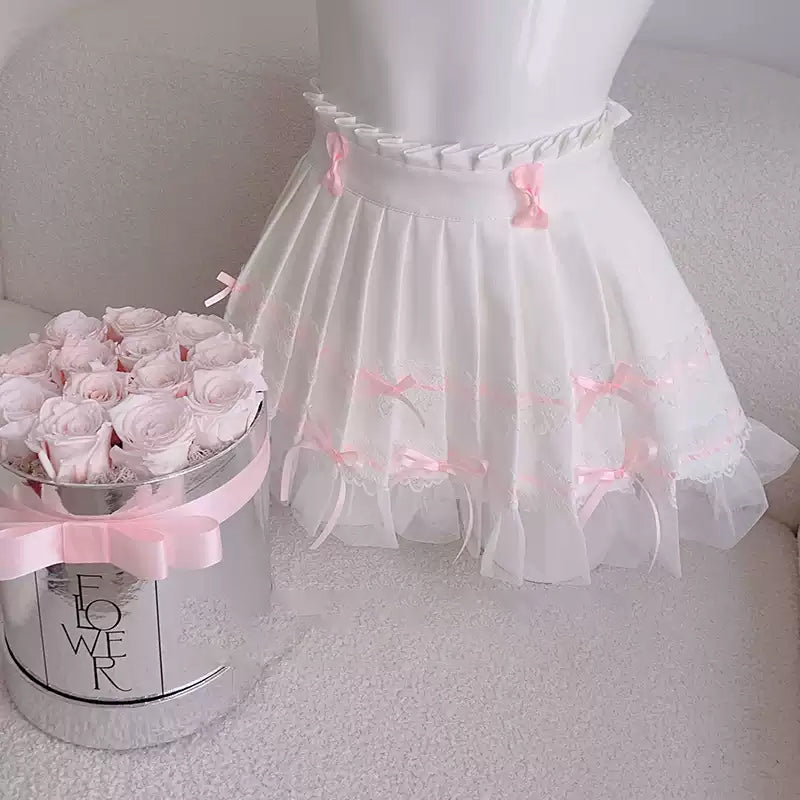 Pink and white lace princess top with bow pleated skirt PA20002