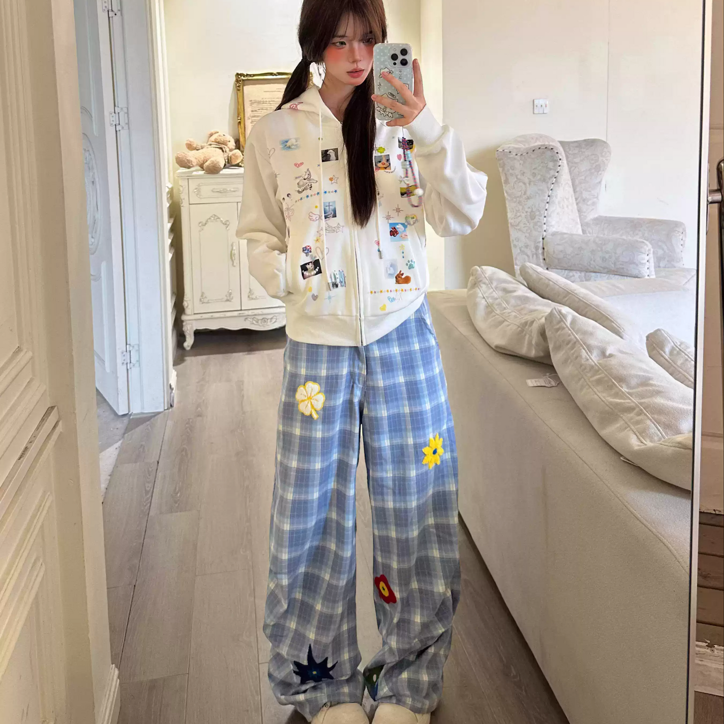 Floral Blue Check Pleated Trousers PA20256