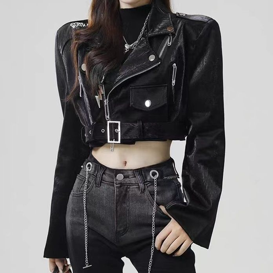 Hot girl waist-baring leather jacket PA20165