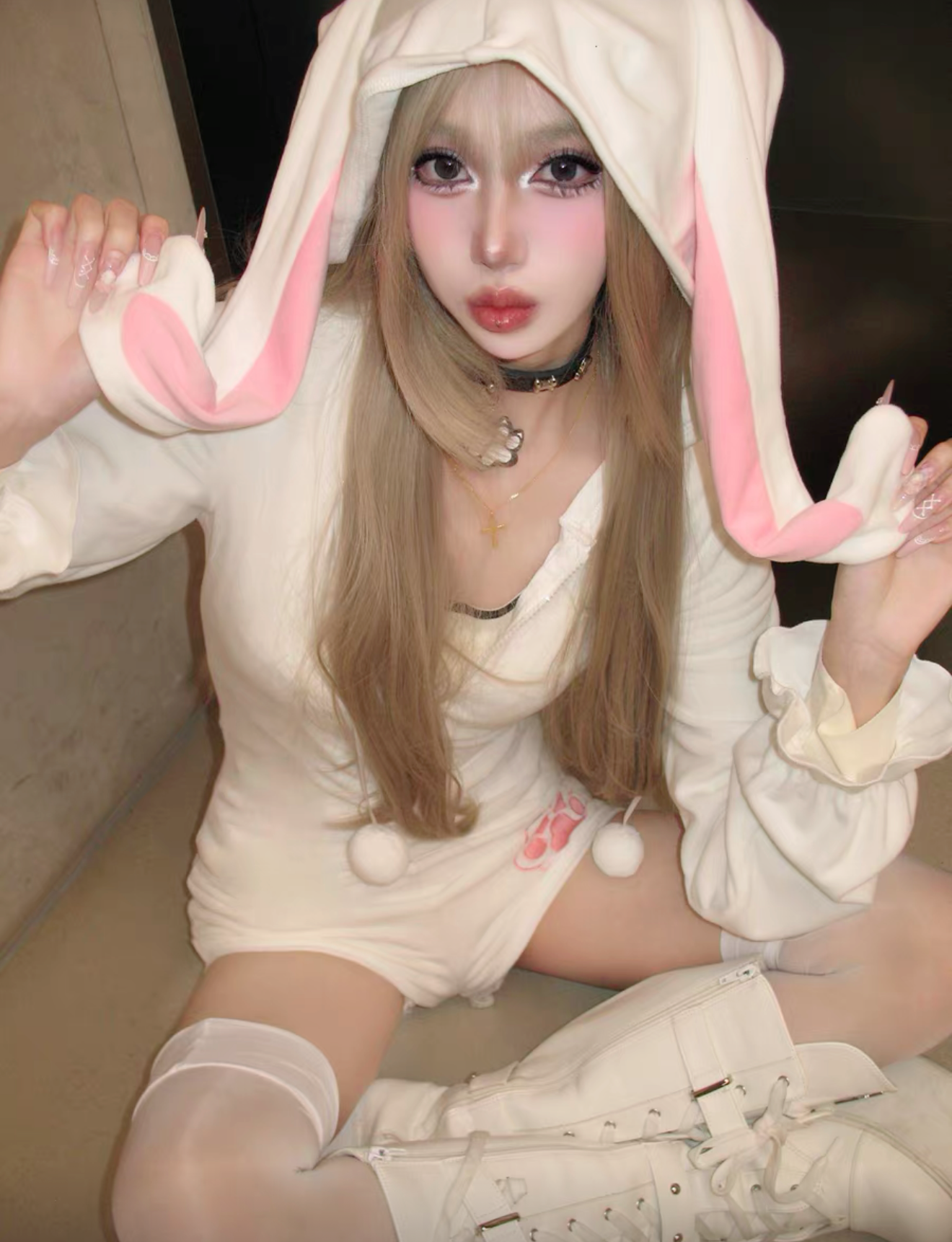 Cute white Plush Bunny jumpsuit PA20039