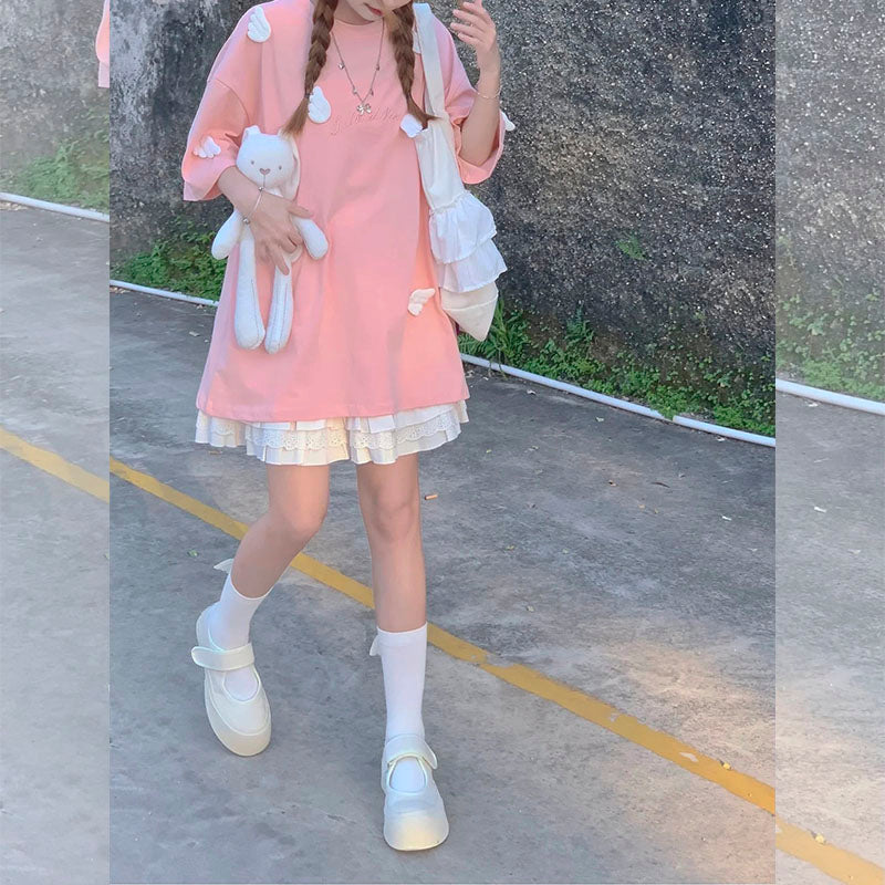 Pink T-shirt + white skirt two-piece set PL52537