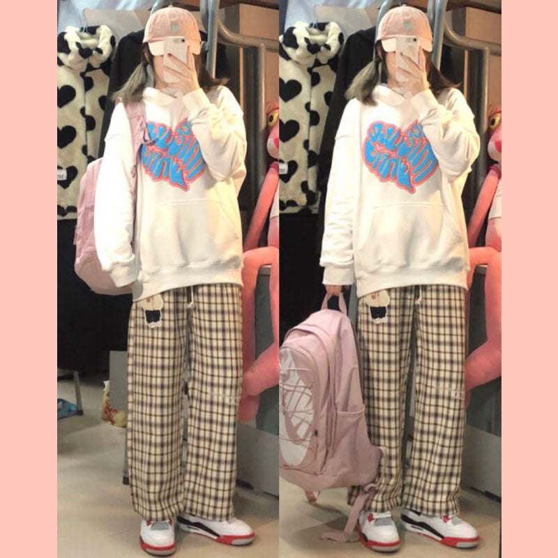 Two-piece set of white Hoodie + plaid pants PL52539
