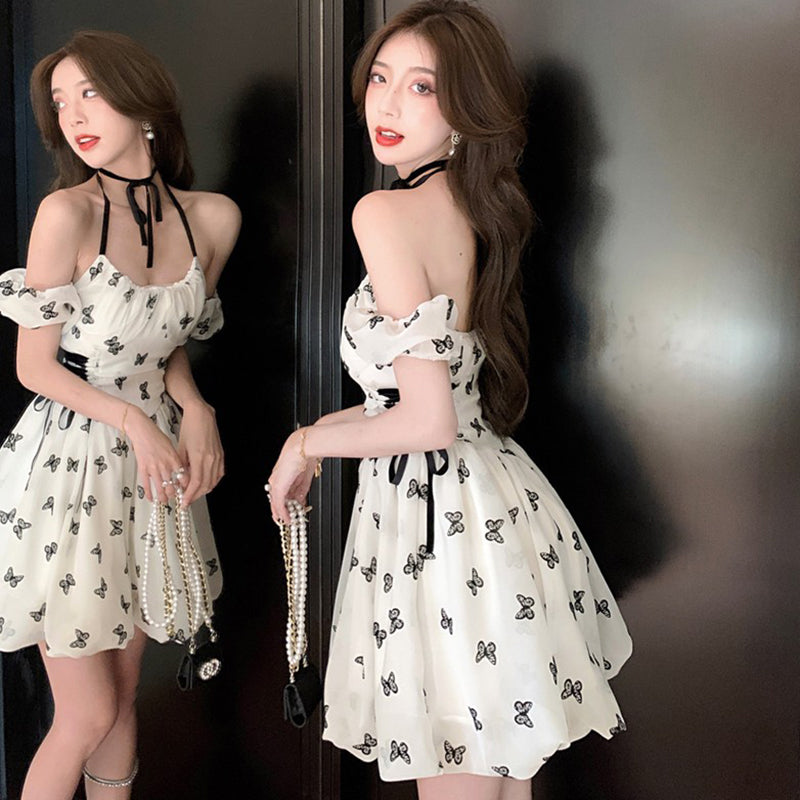 White Butterfly Print Dress PL52384