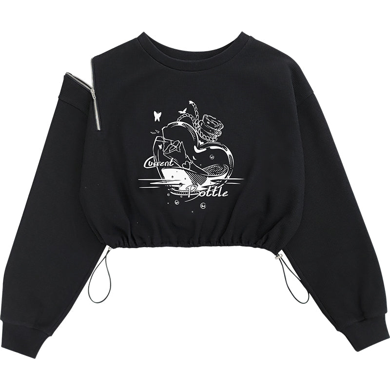 Black irregular cropped sweatshirt PL21101