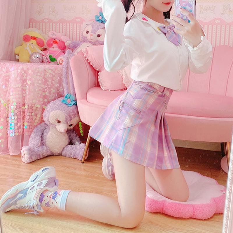 Purple plaid pleated skirt PL50799