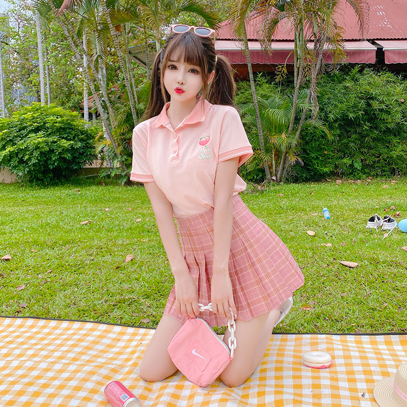 Pink T-shirt + pleated skirt two-piece set PL52282