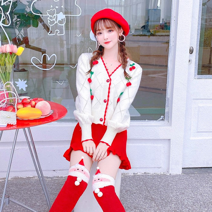 White knitted sweater + red skirt two-piece set PL52515