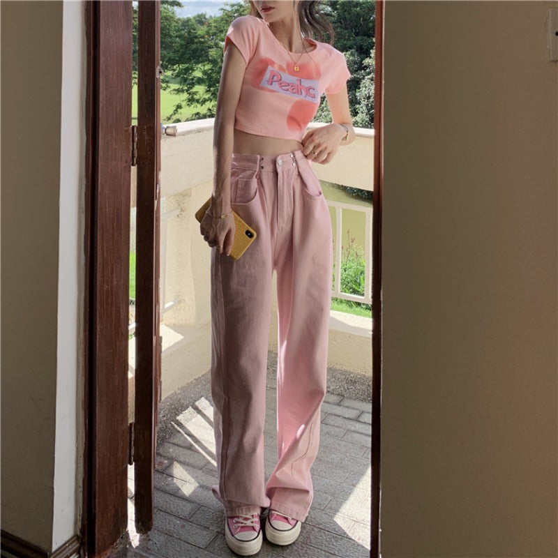 Short-sleeved T-shirt + pink jeans PL52311