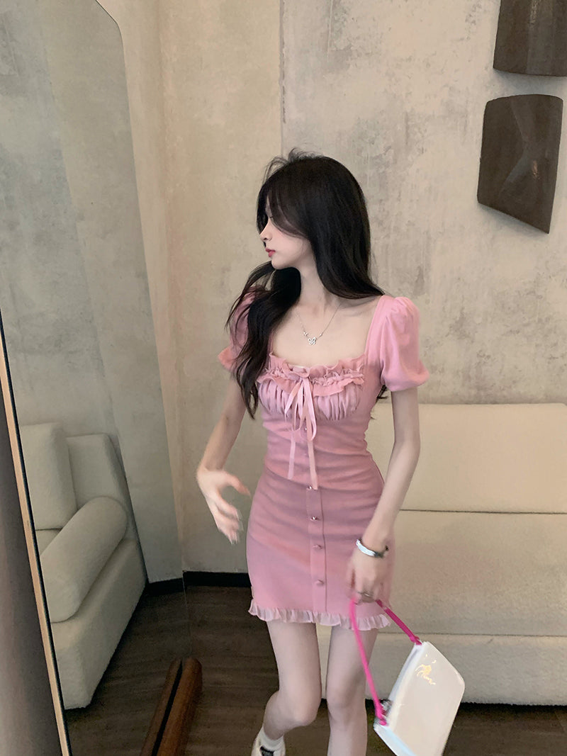 Pink Puff Sleeve Dress PL52665