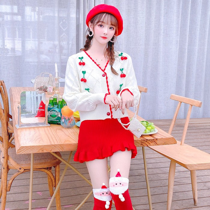 White knitted sweater + red skirt two-piece set PL52515