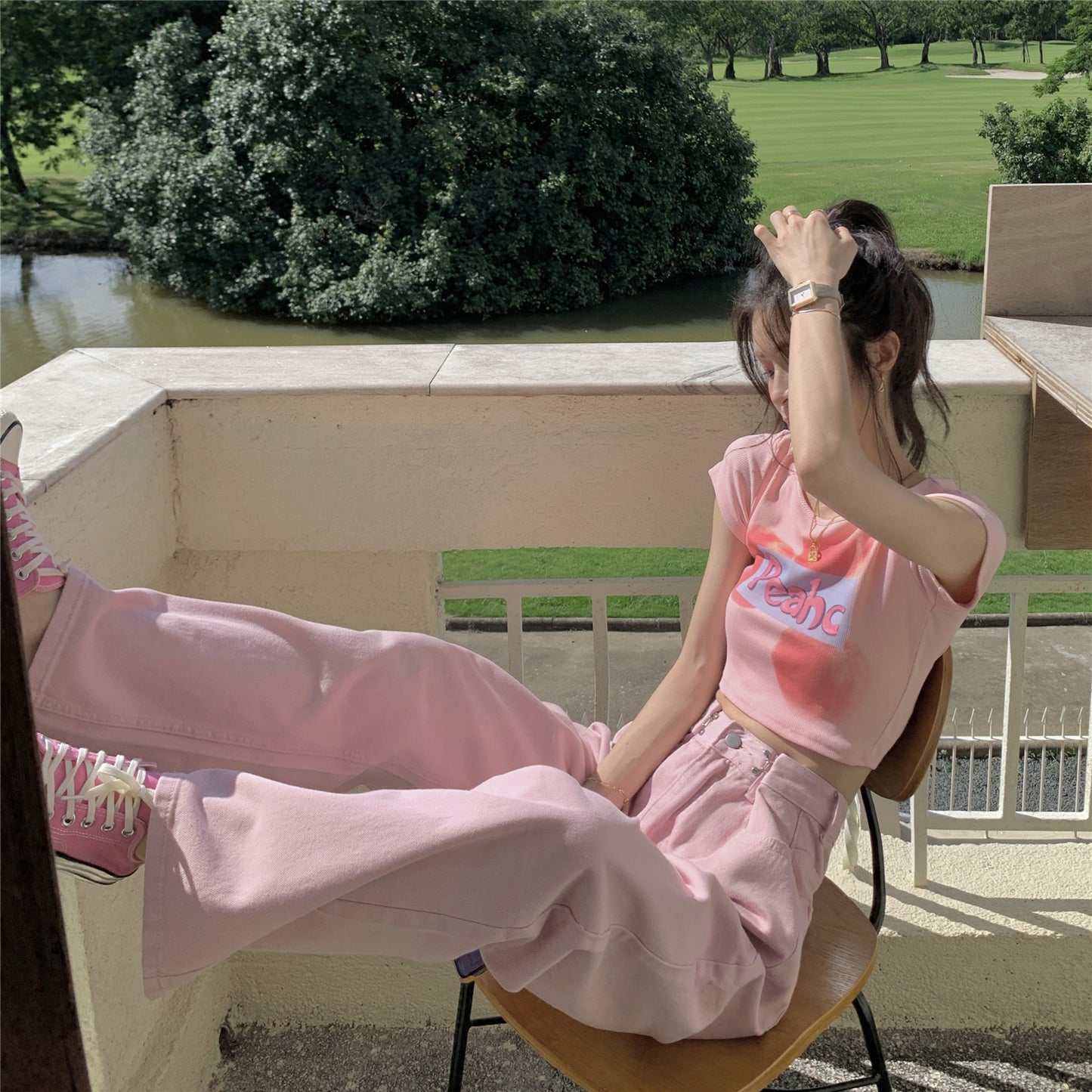 Short-sleeved T-shirt + pink jeans PL52311