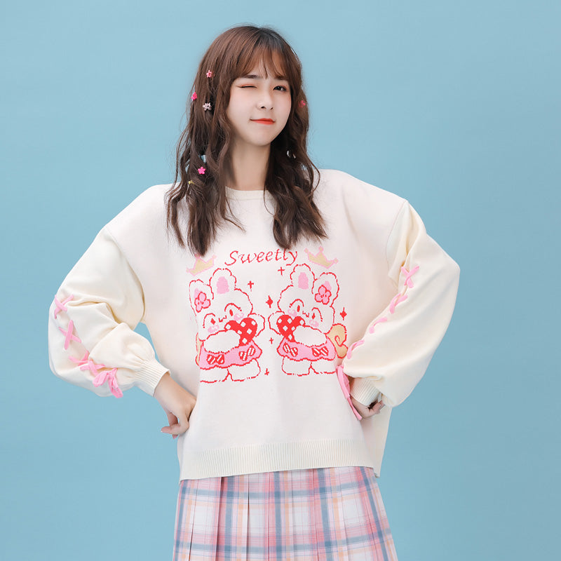 White Bunny Print Sweater PL52805