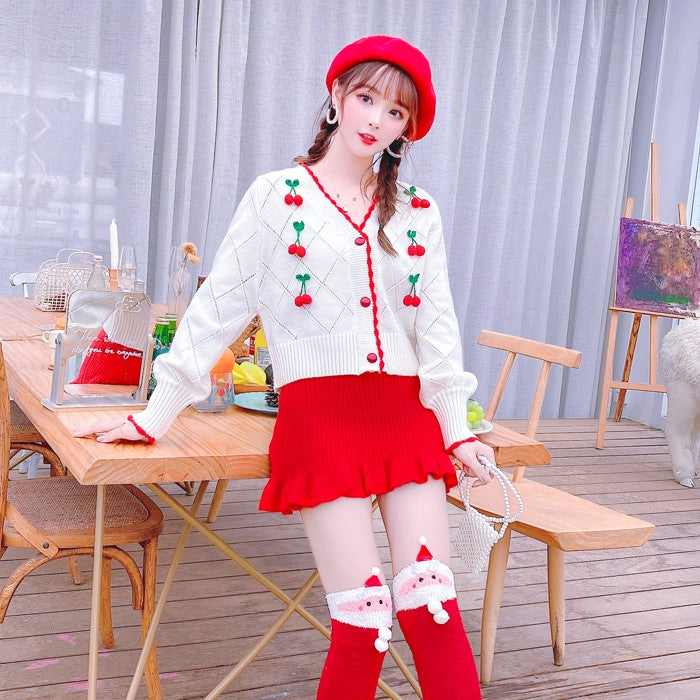 White knitted sweater + red skirt two-piece set PL52515