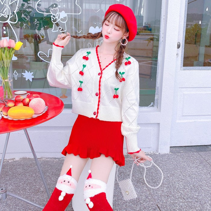 White knitted sweater + red skirt two-piece set PL52515