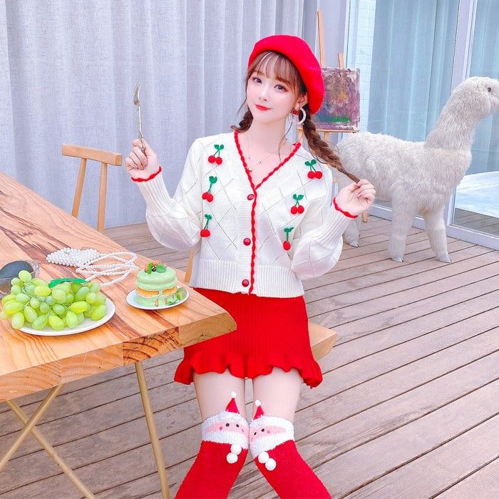 White knitted sweater + red skirt two-piece set PL52515