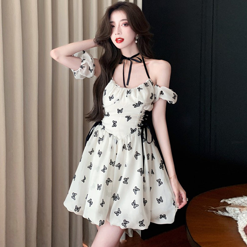 White Butterfly Print Dress PL52384