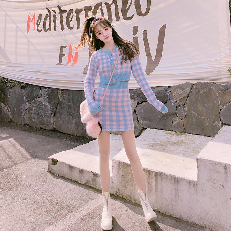 Pink Plaid Knit Set PL52842