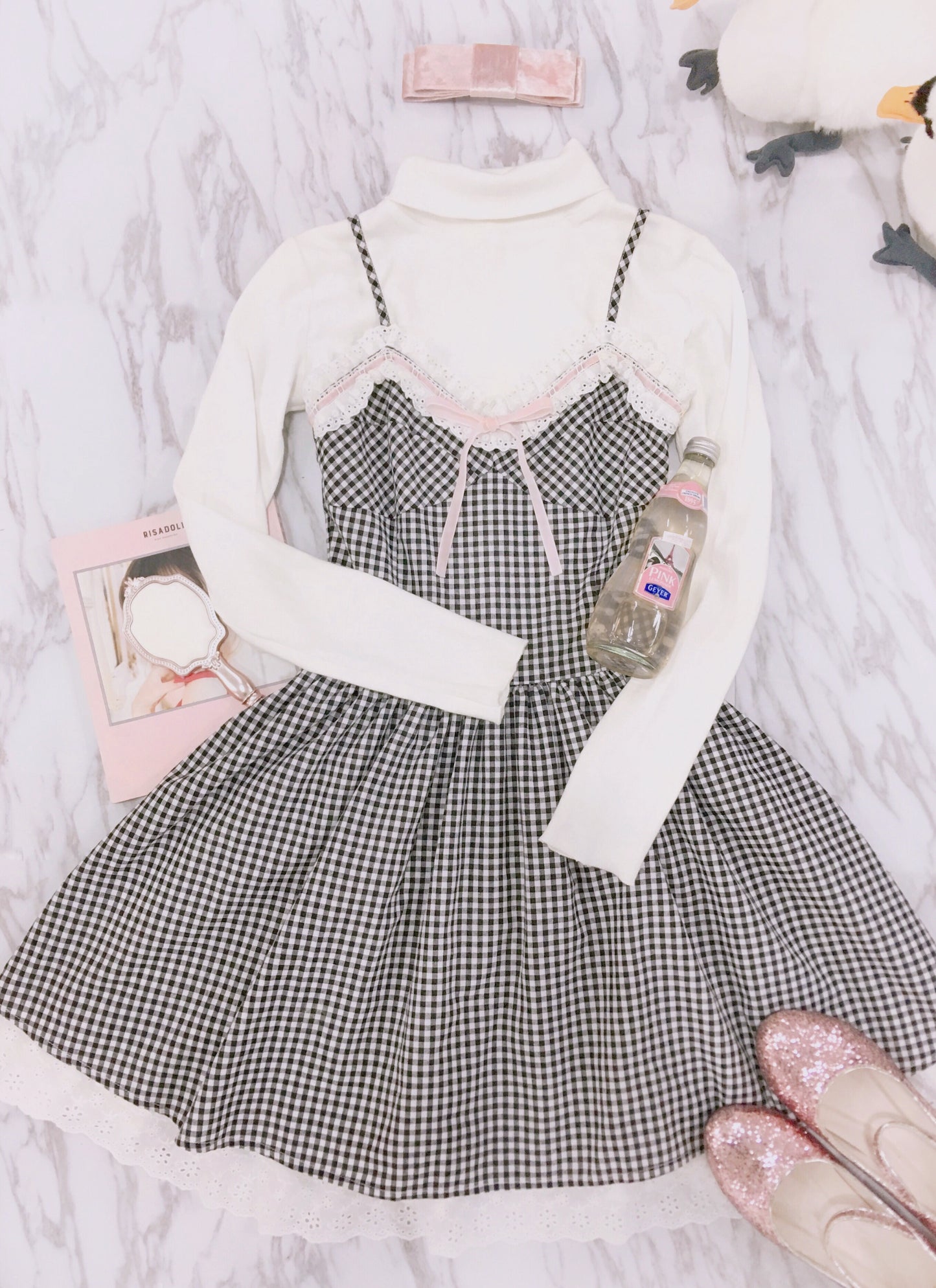 black and white check suspender skirt PL52646