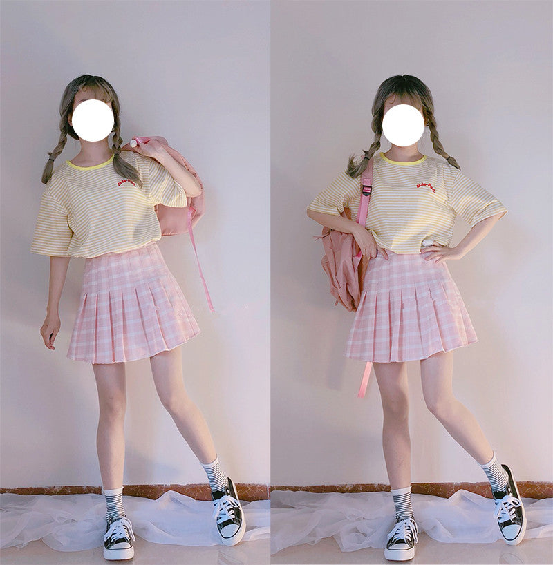 Pink plaid high waist skirt PL20014