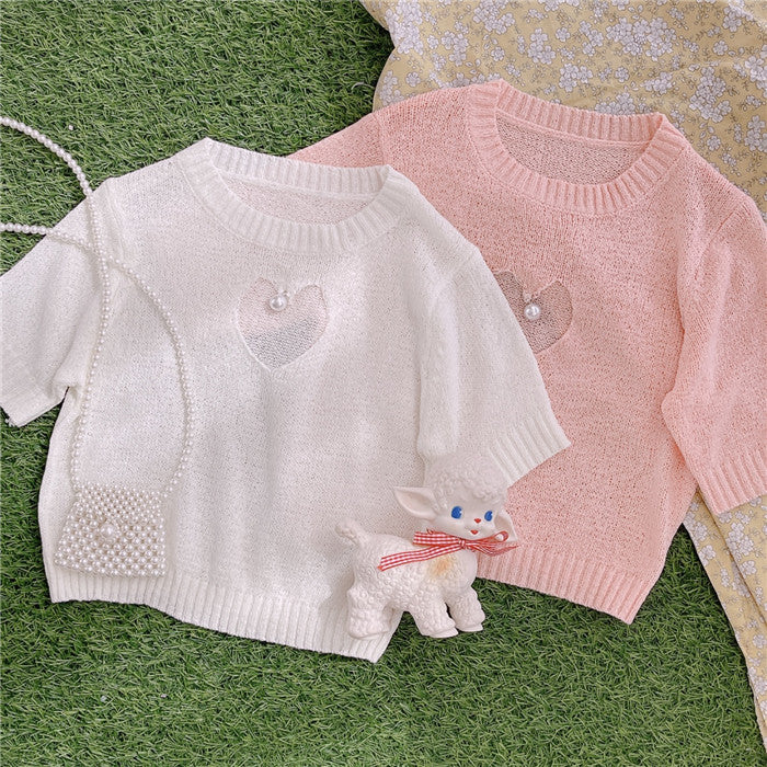 hollow heart knitted sweater short sleeve PL52574