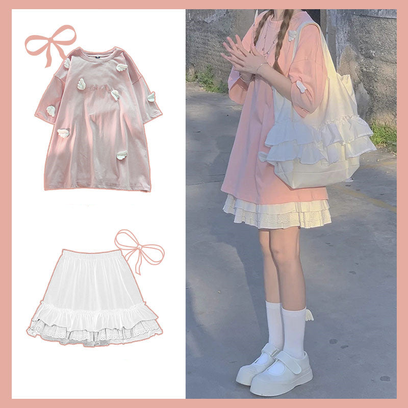 Pink T-shirt + white skirt two-piece set PL52537