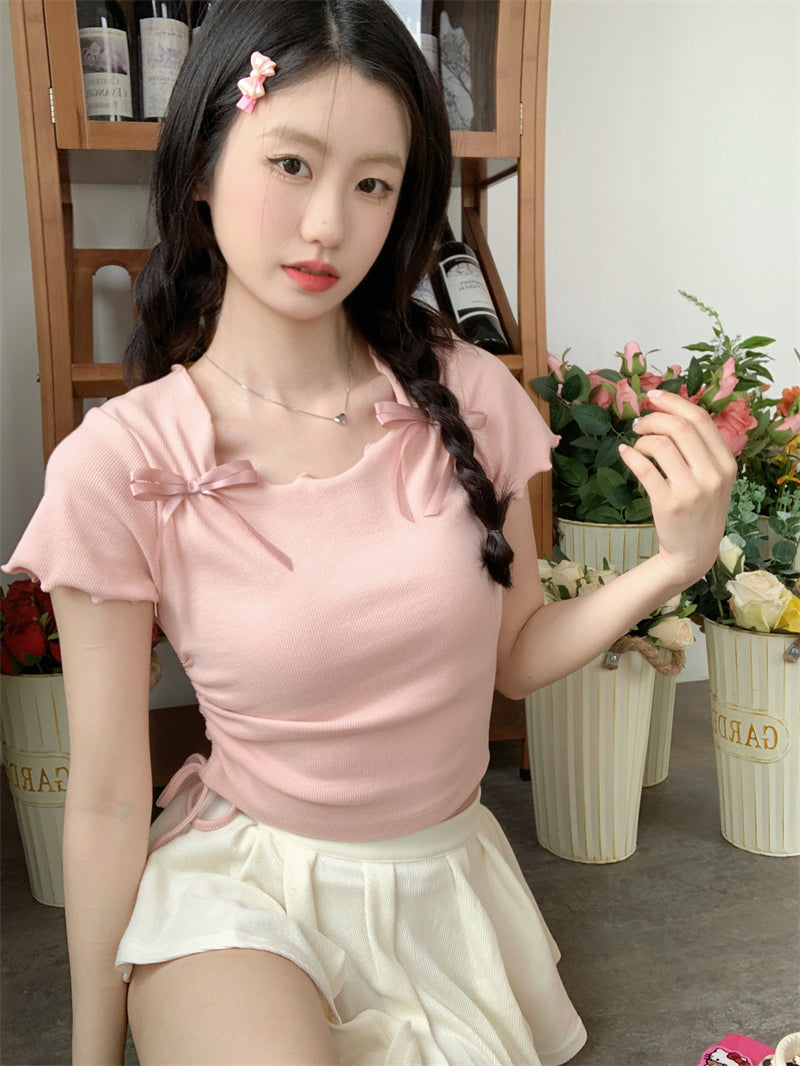 Pink Bow Tie Short Sleeve Top PL53408