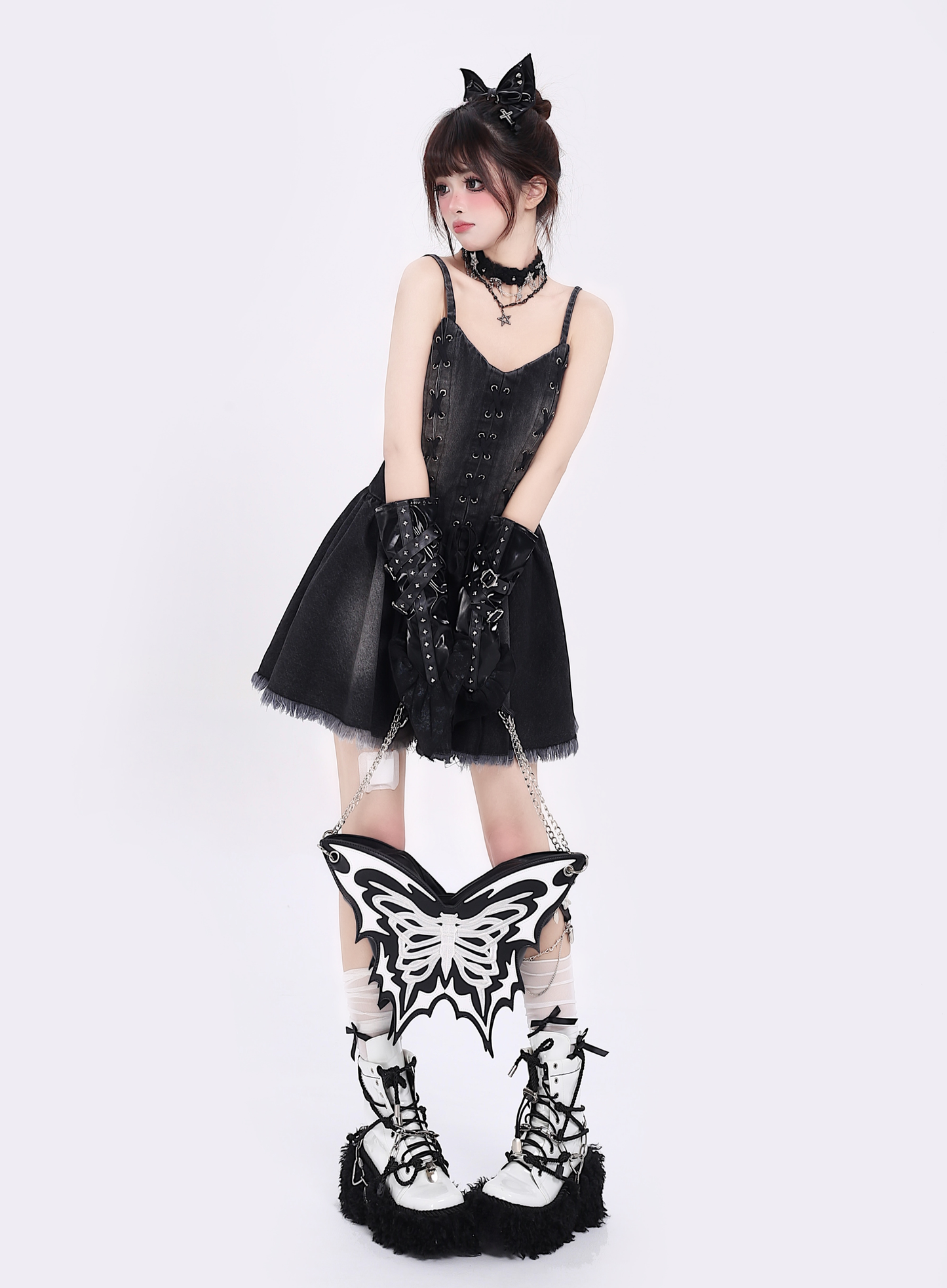 Retro denim tie waist girl dress PA20142