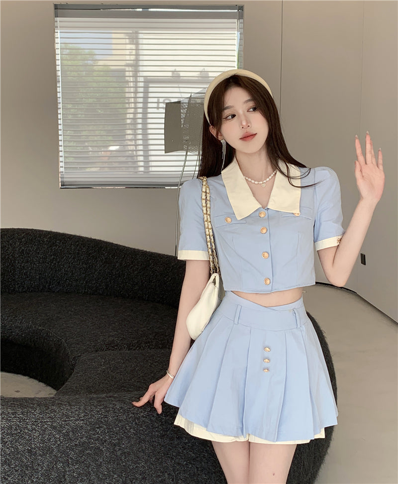 Blue short shirt top + high waist pleated skirt two-piece set PL53504