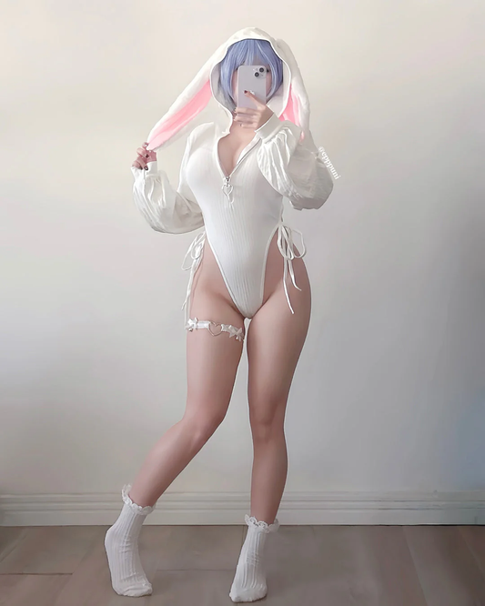 White Bunny Hoodie Bodysuit MG17