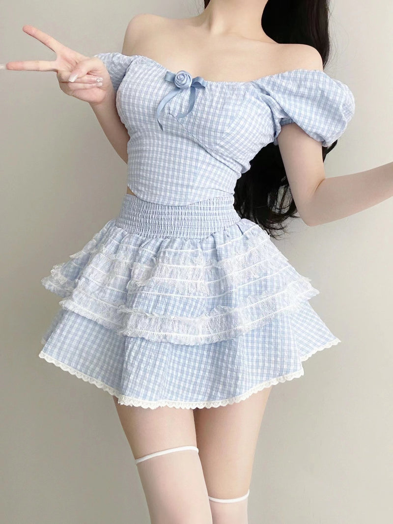 Blue plaid top + high waist tutu skirt two-piece set PL53517