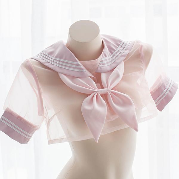 PINK TRANSPARENT SHEER SAILOR SCHOOL UNIFORM LINGERIE PL53590