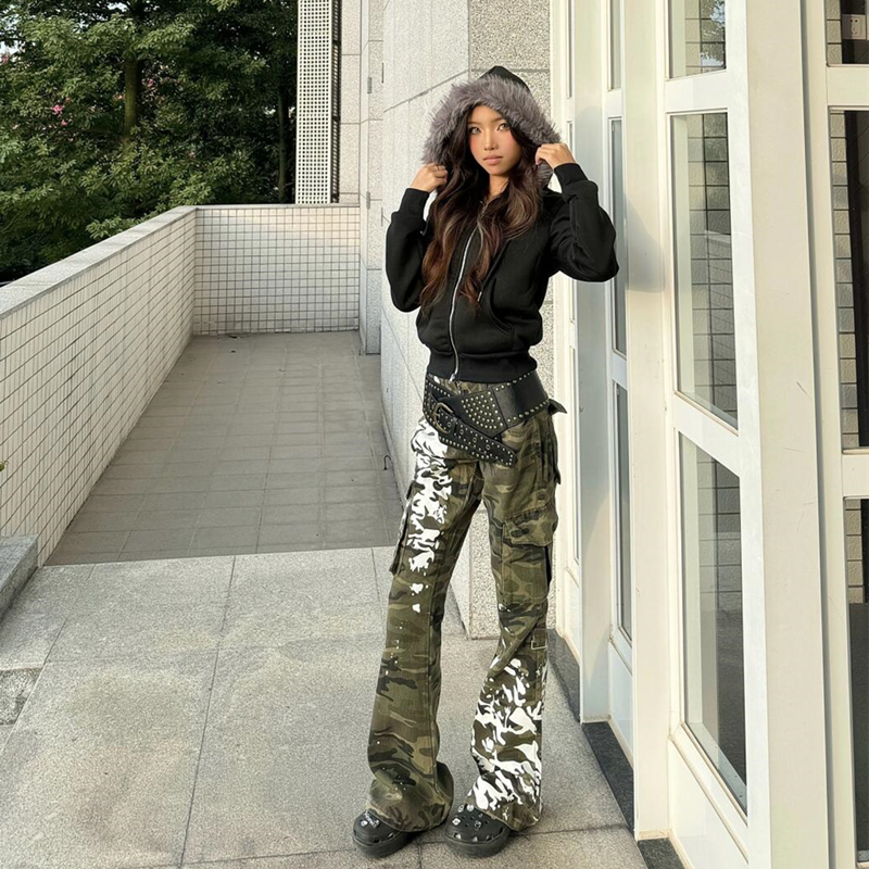 Camouflage punk spray-painted jeans PA20254