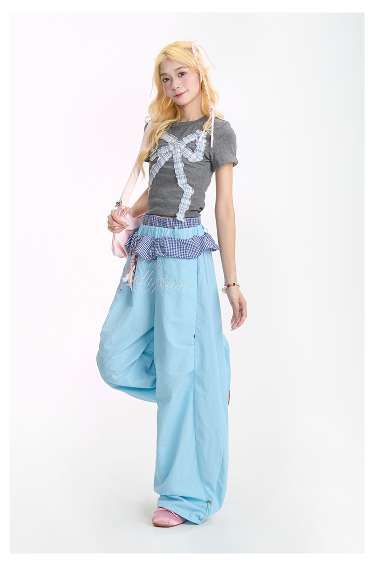 Embroidered checked lace wide-leg pants PA20157