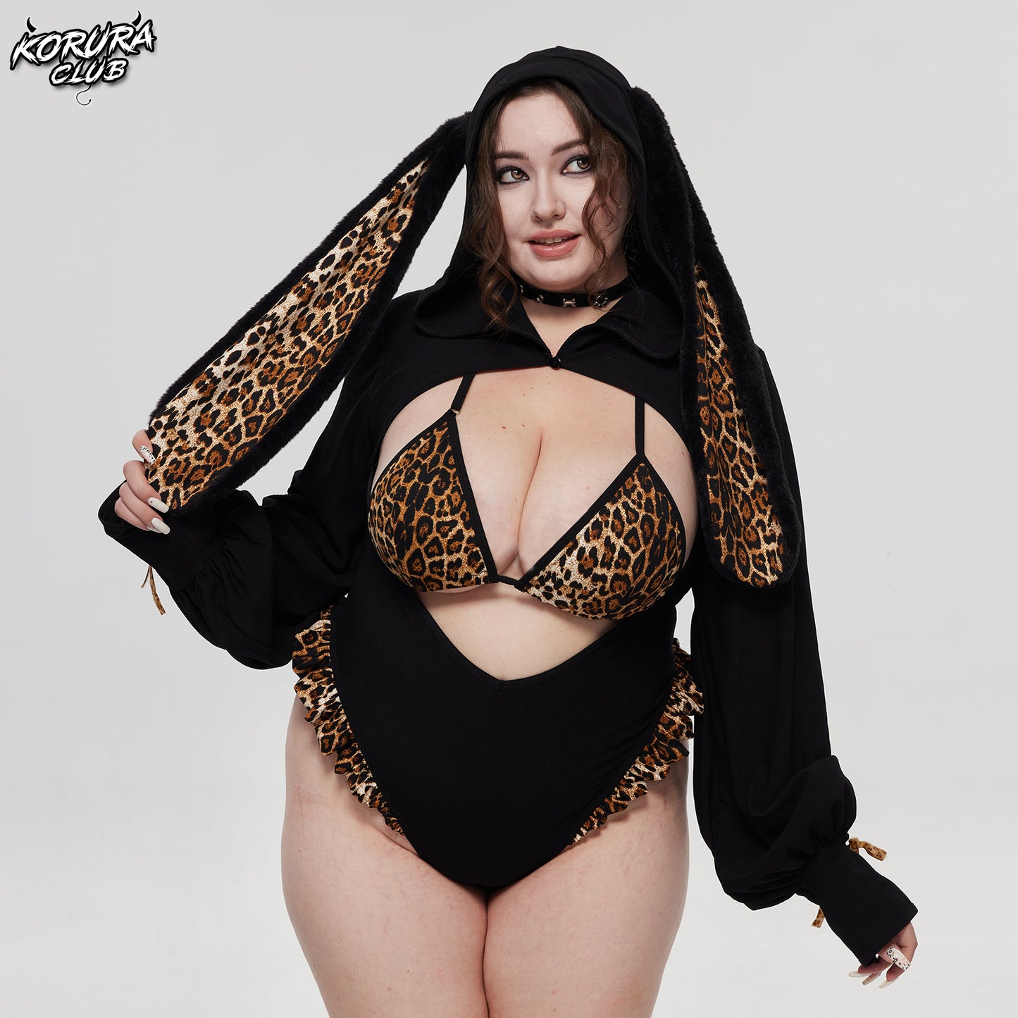 Leopard Print Bunny Cosplay Long-Sleeve Lingerie Set KO146