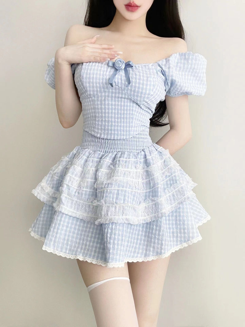 Blue plaid top + high waist tutu skirt two-piece set PL53517