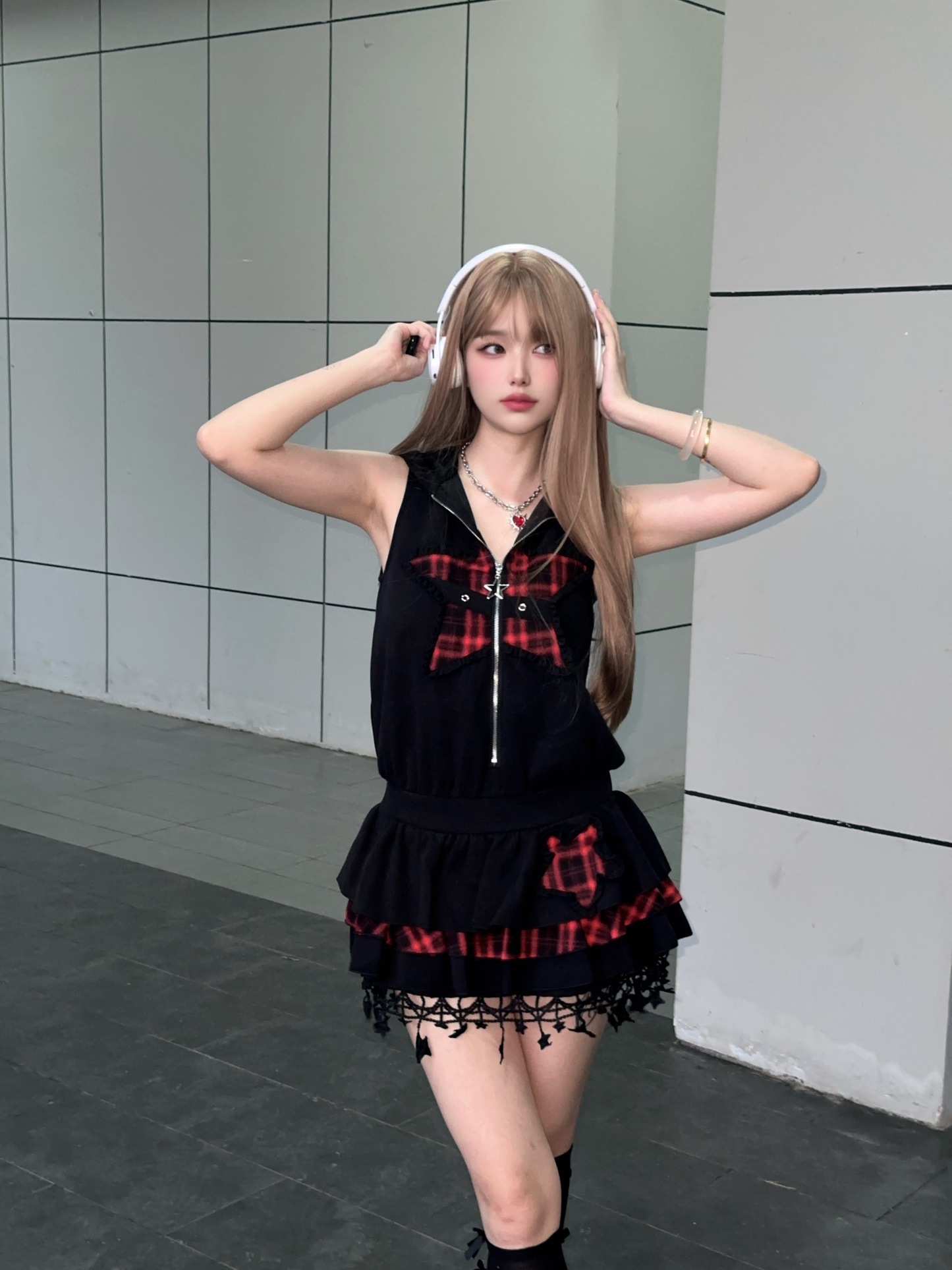 Star Check Hoodie Dress PA20143