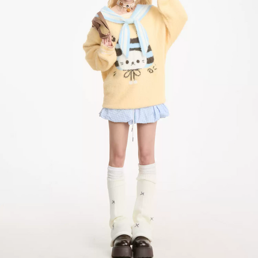 Cat jacquard navy collar sweater PA20162