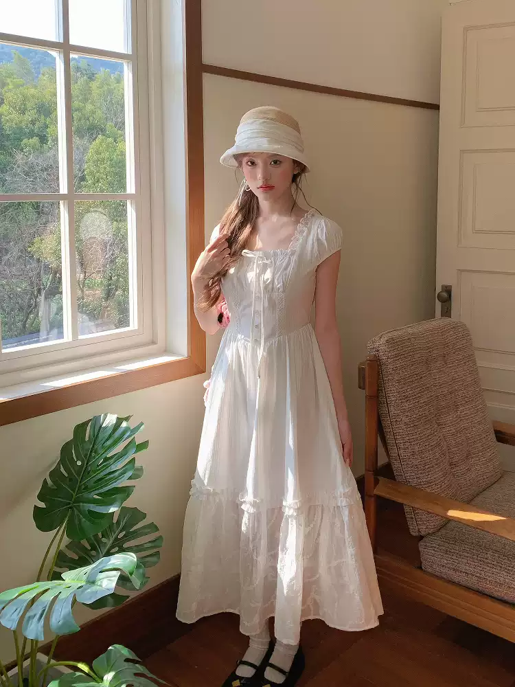 Temperament lace patchwork white dress PA20221