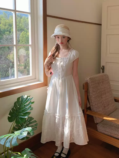 Temperament lace patchwork white dress PA20221