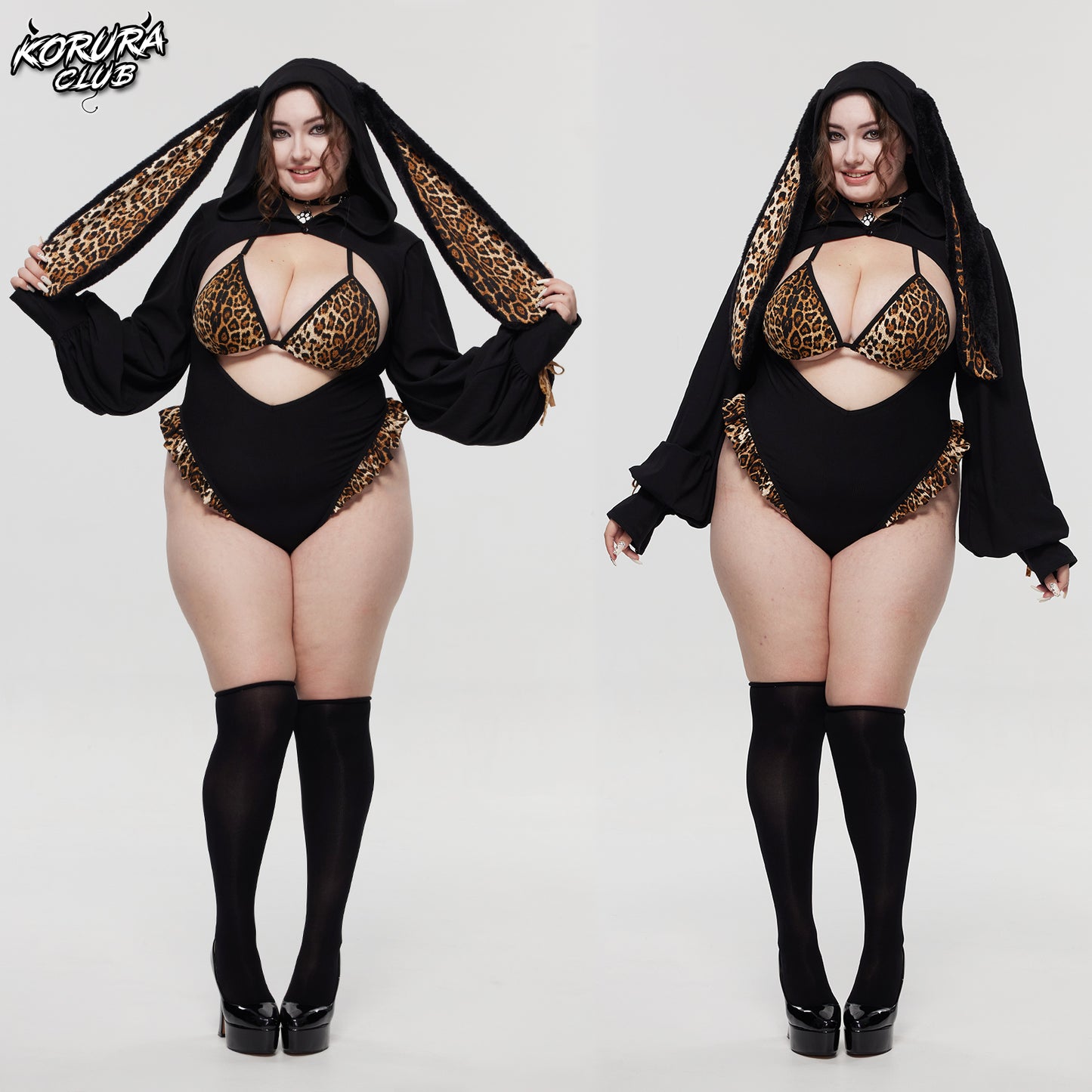 Leopard Print Bunny Cosplay Long-Sleeve Lingerie Set KO146