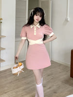 polo collar knit bow waist dress PL53361