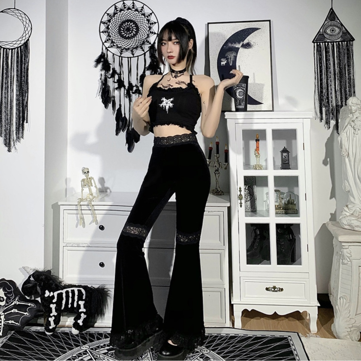Dark lace high-waist flared pants PA20167