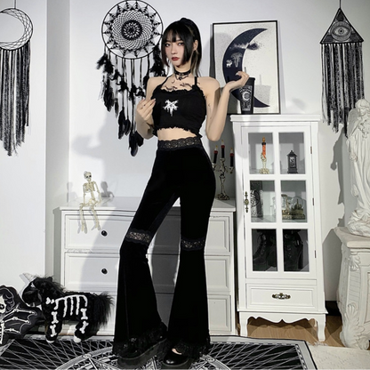 Dark lace high-waist flared pants PA20167