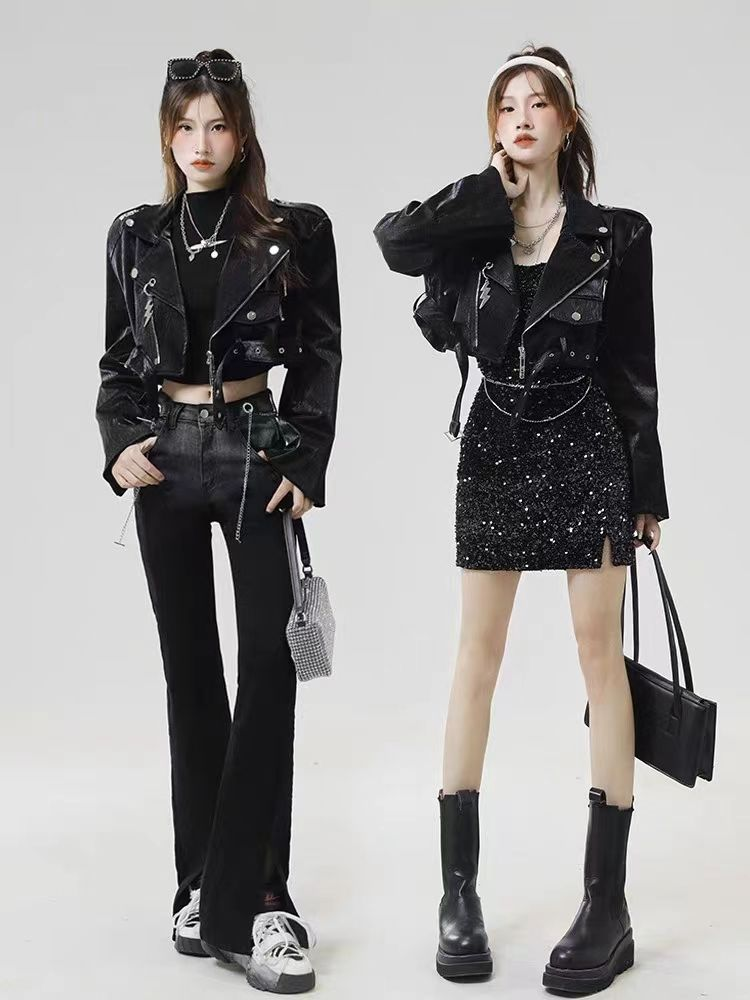Hot girl waist-baring leather jacket PA20165